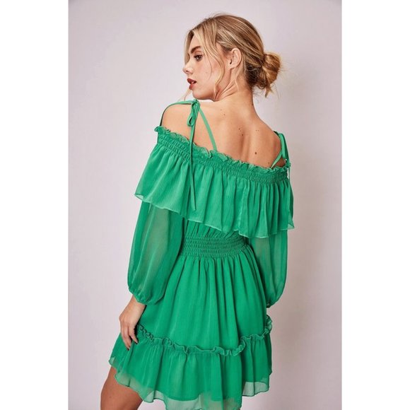 NEW Kelly Green Off Shoulder Ruffle Romantic Dress - Picture 3 of 10